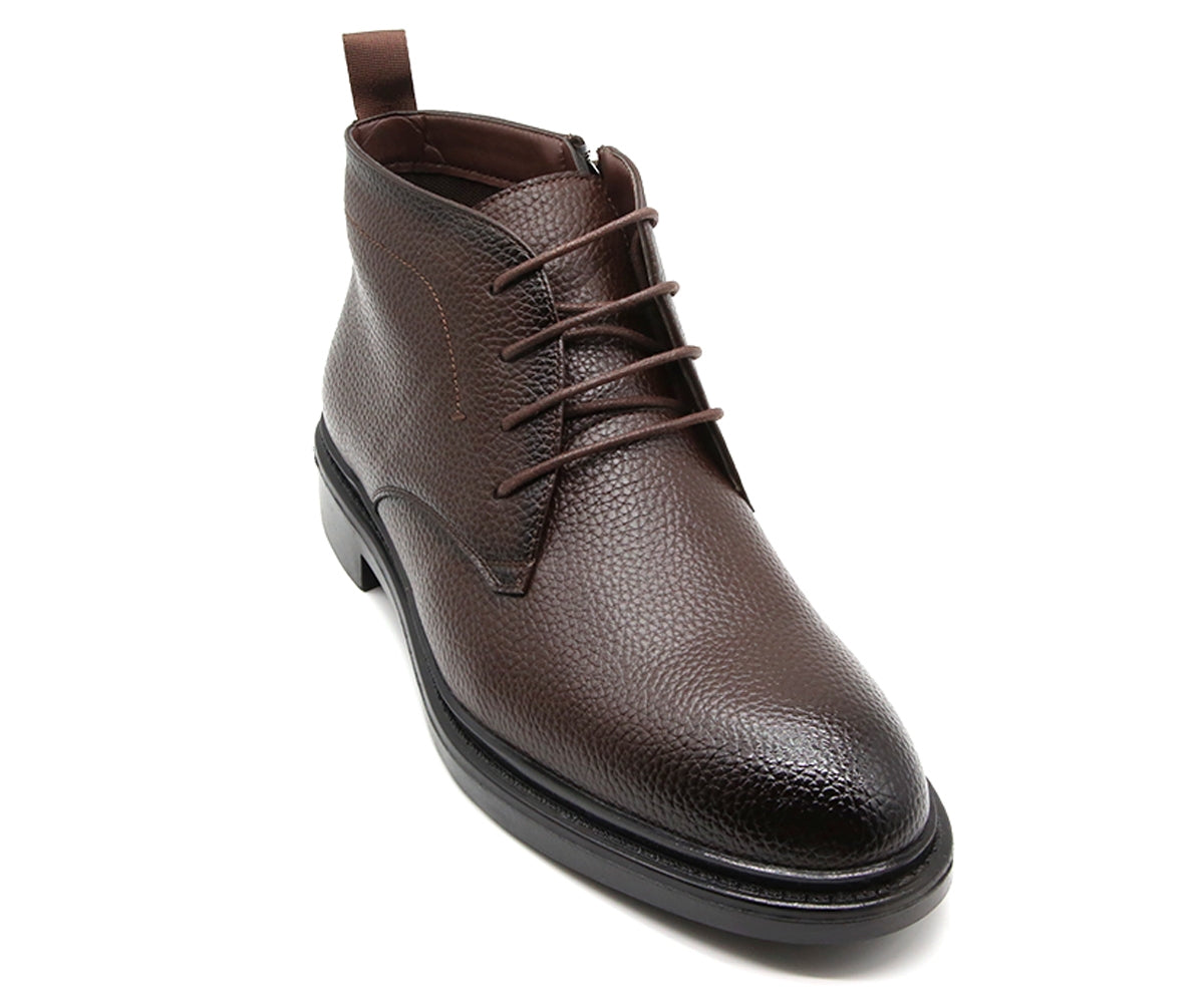 grained brown derby boot