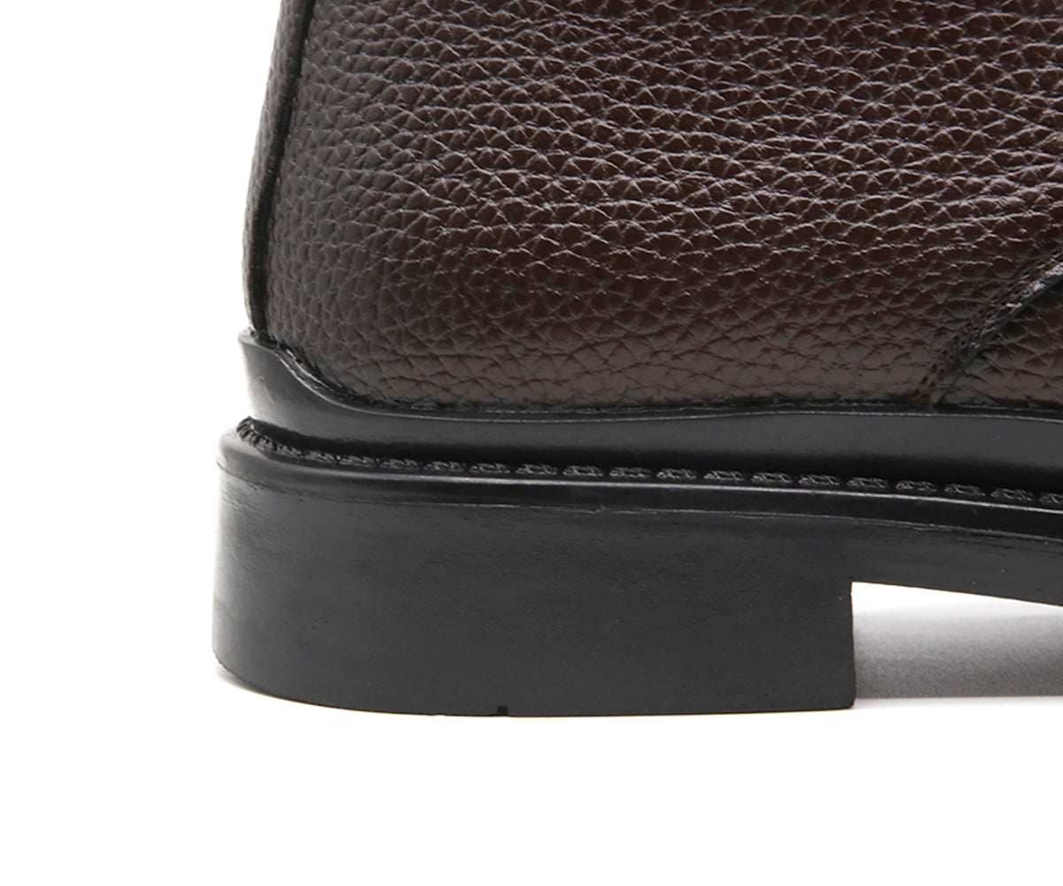 grained brown derby boot