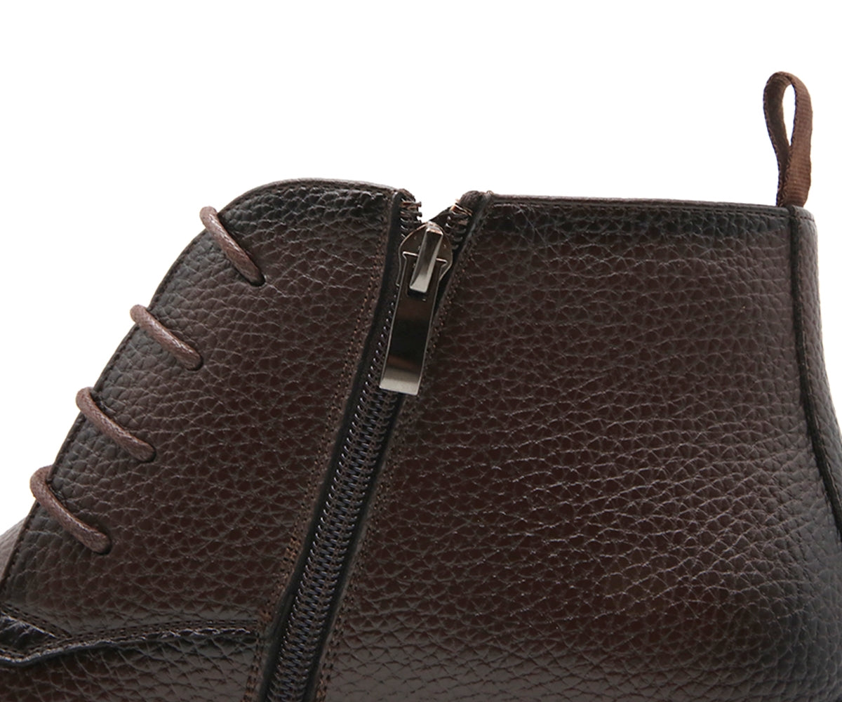 grained brown derby boot