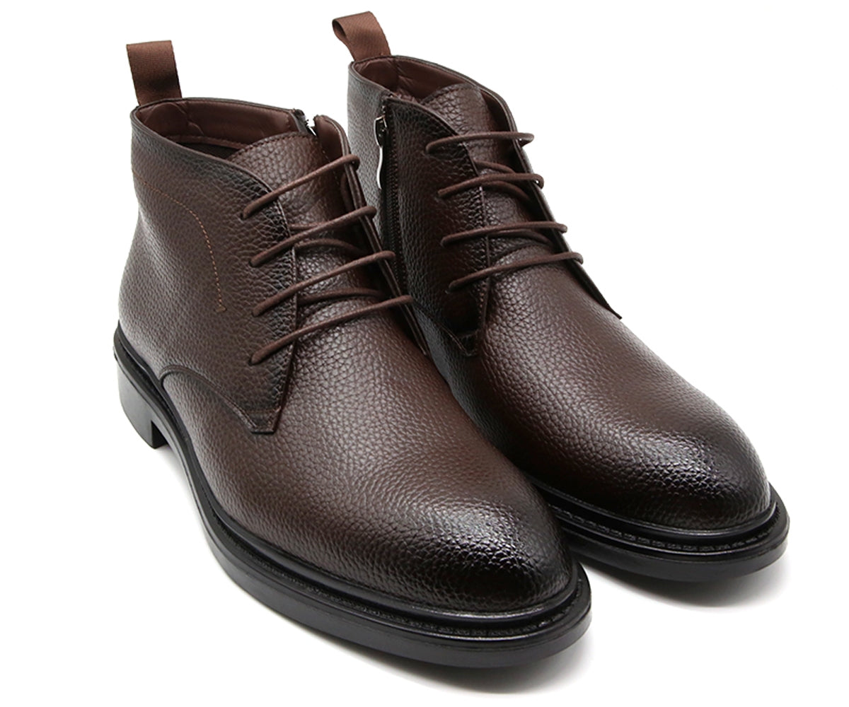 grained brown derby boot