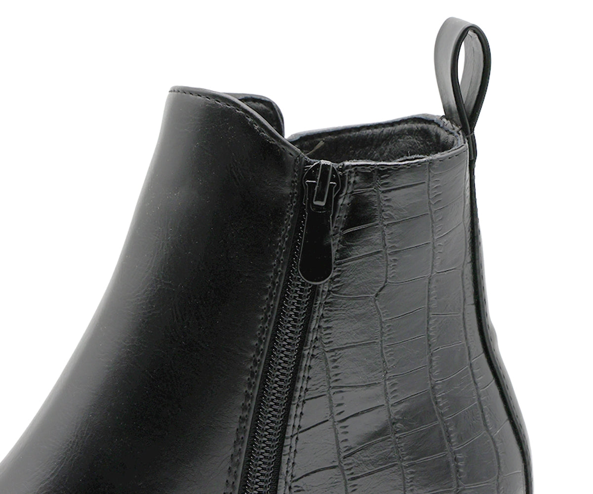 black croc-paneled ankle boot