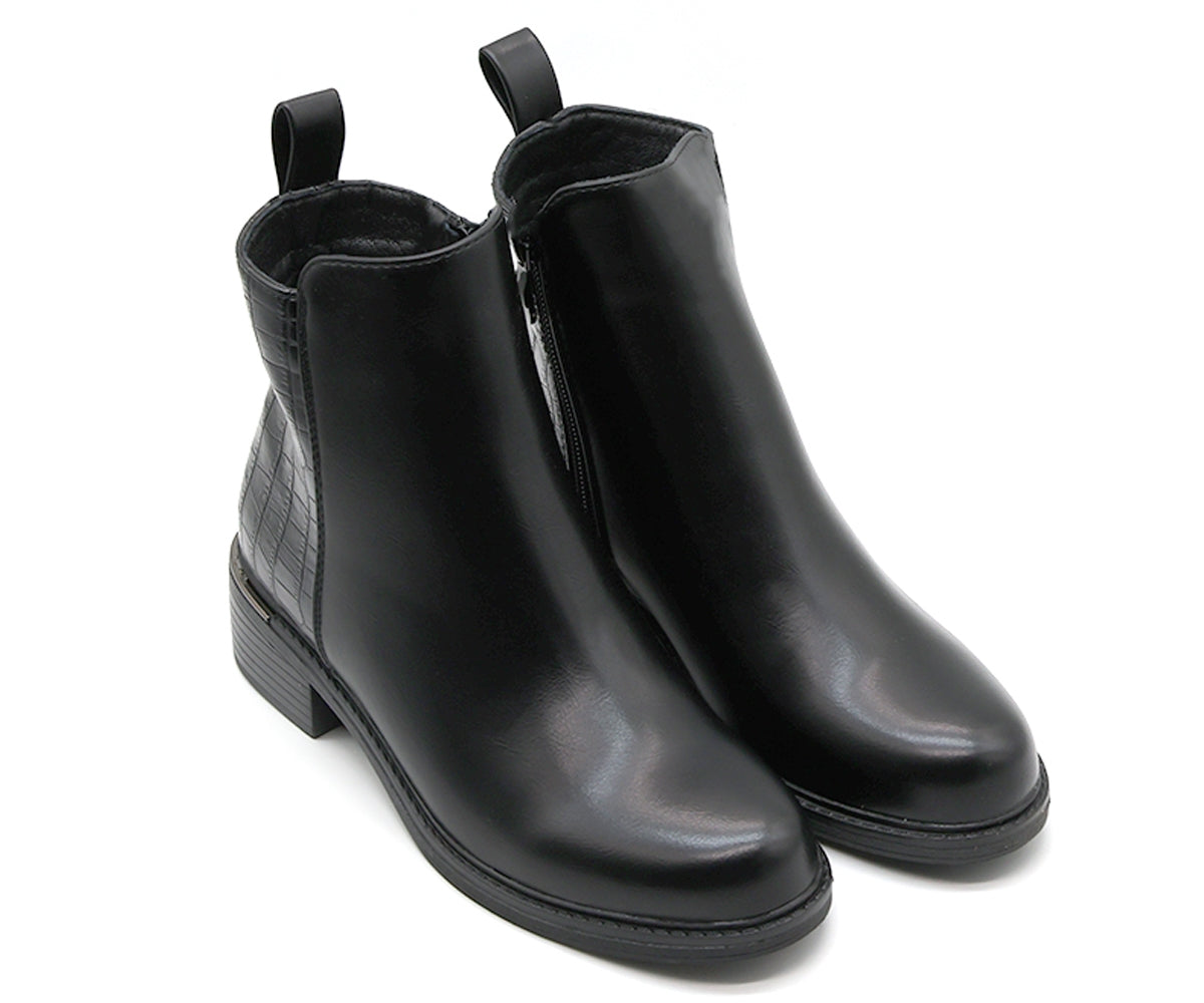 black croc-paneled ankle boot