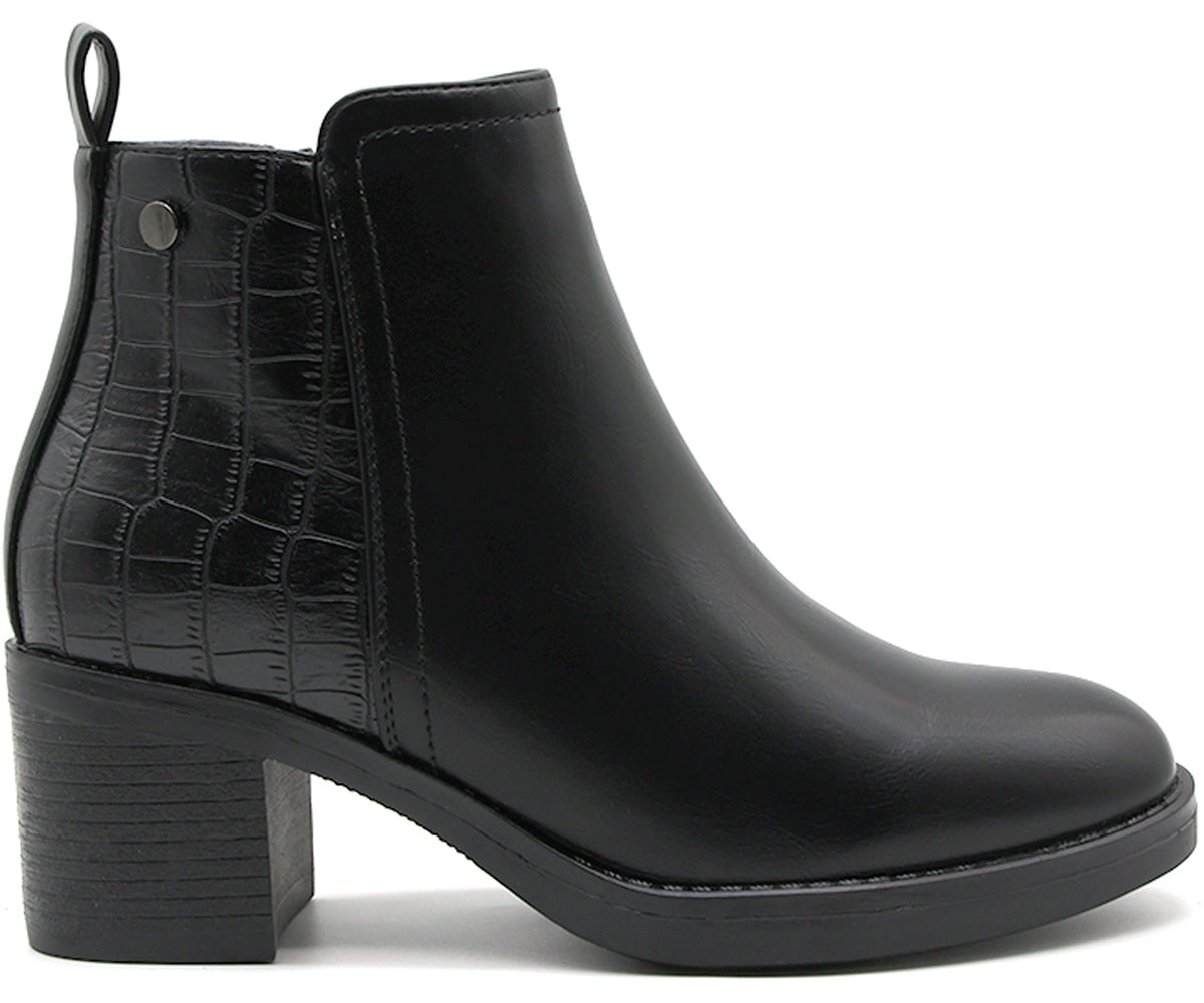black croc paneled ankle boot