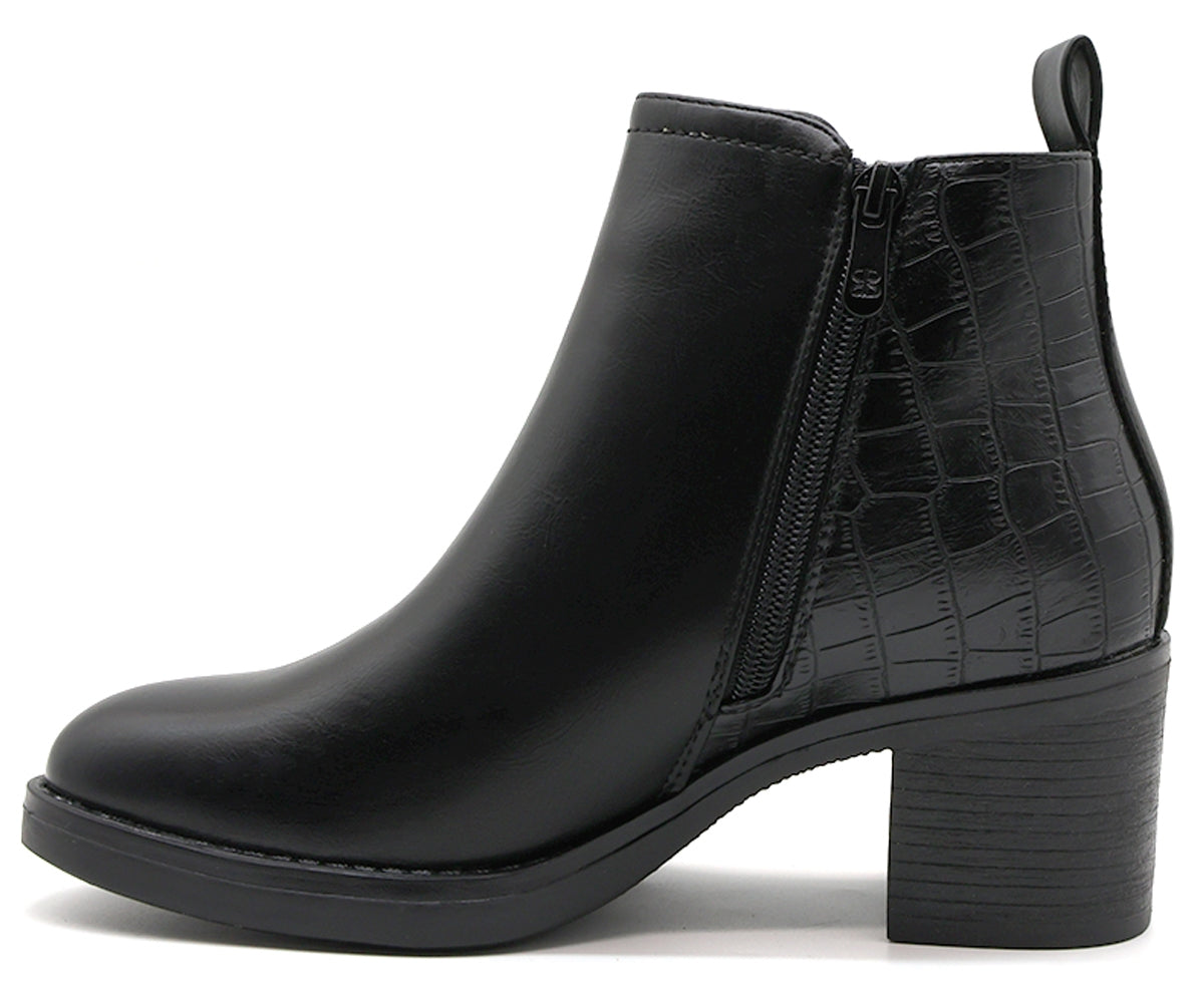 black croc paneled ankle boot