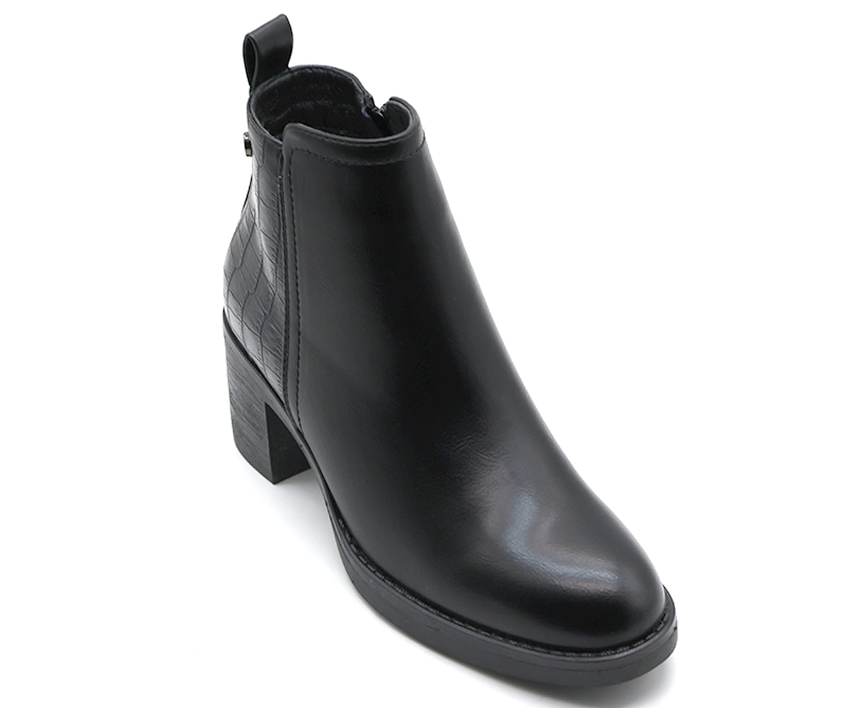 black croc paneled ankle boot