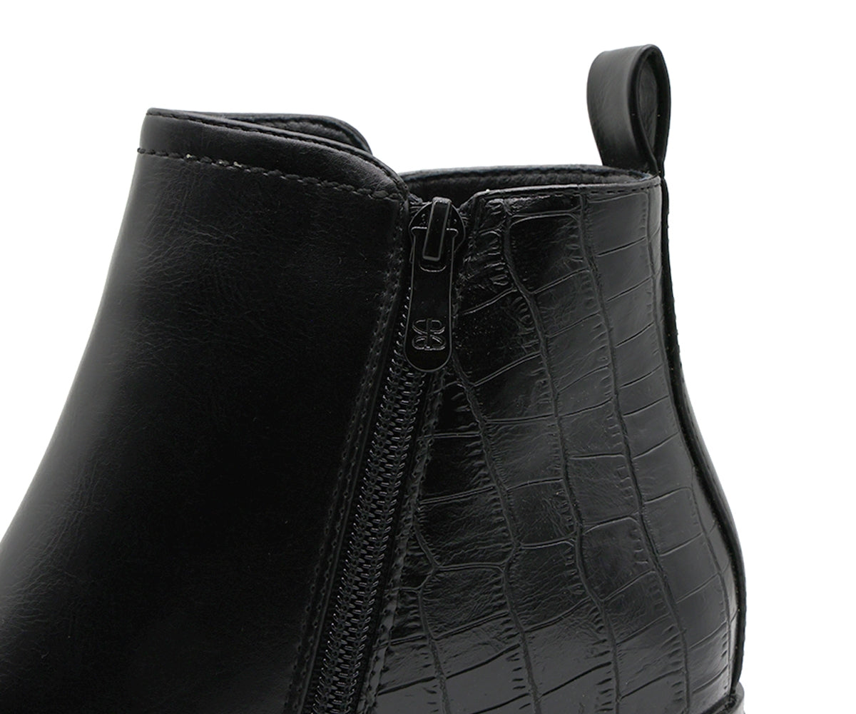 black croc paneled ankle boot