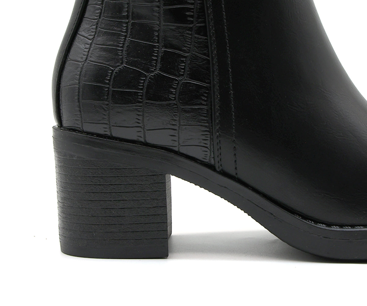 black croc paneled ankle boot