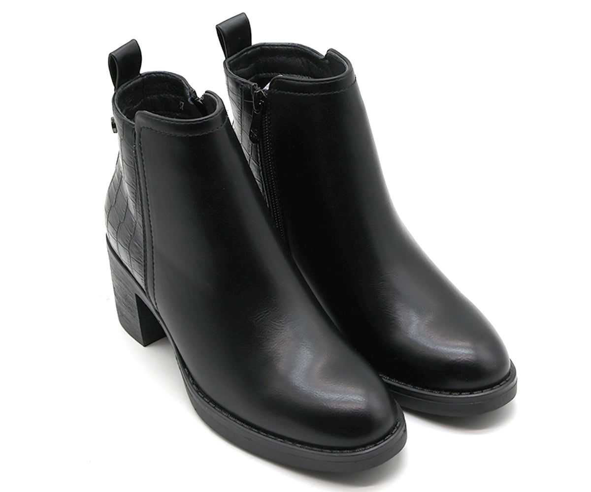 black croc paneled ankle boot