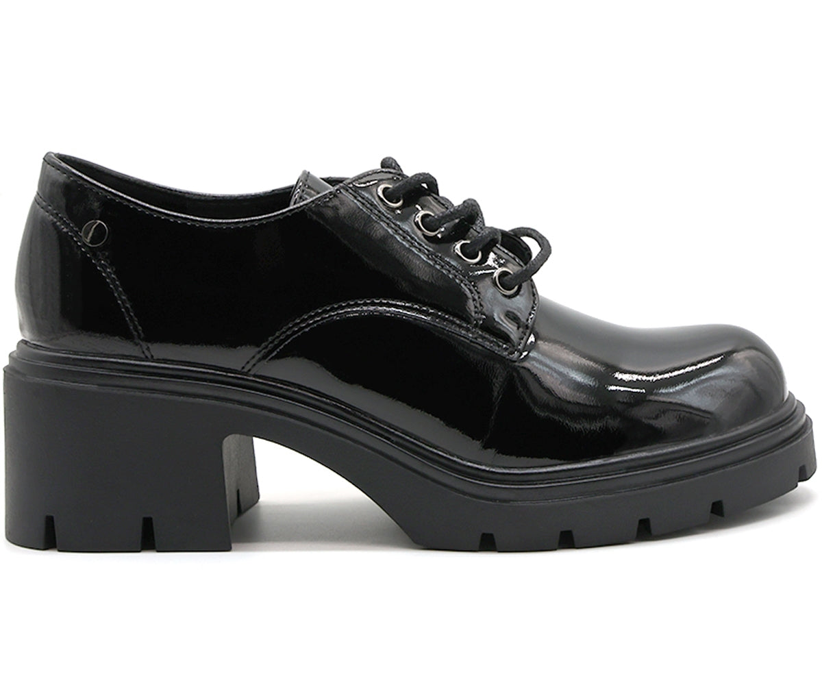 chunky black patent derby shoe