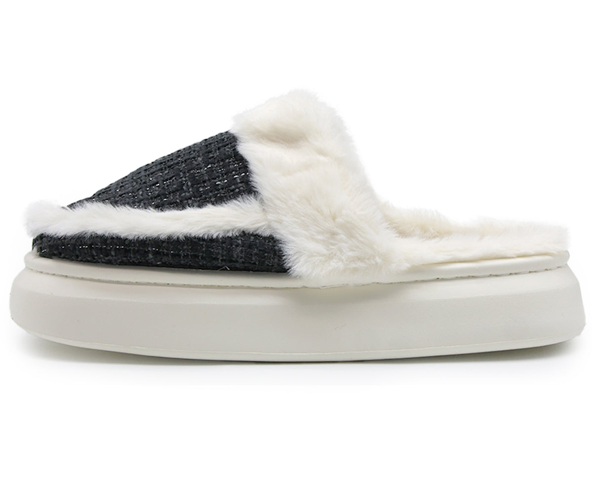 black plaid chunky house slippers