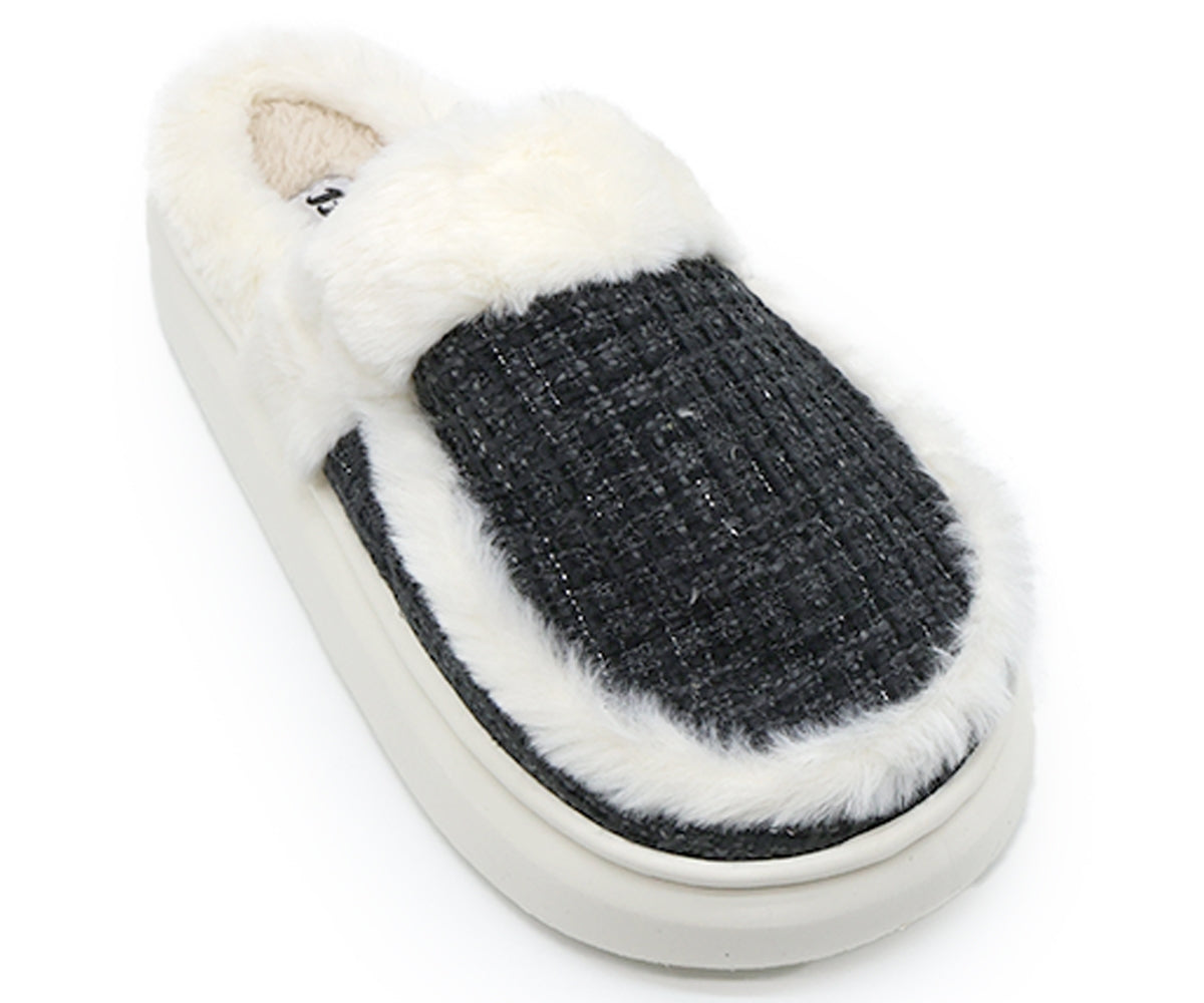 black plaid chunky house slippers