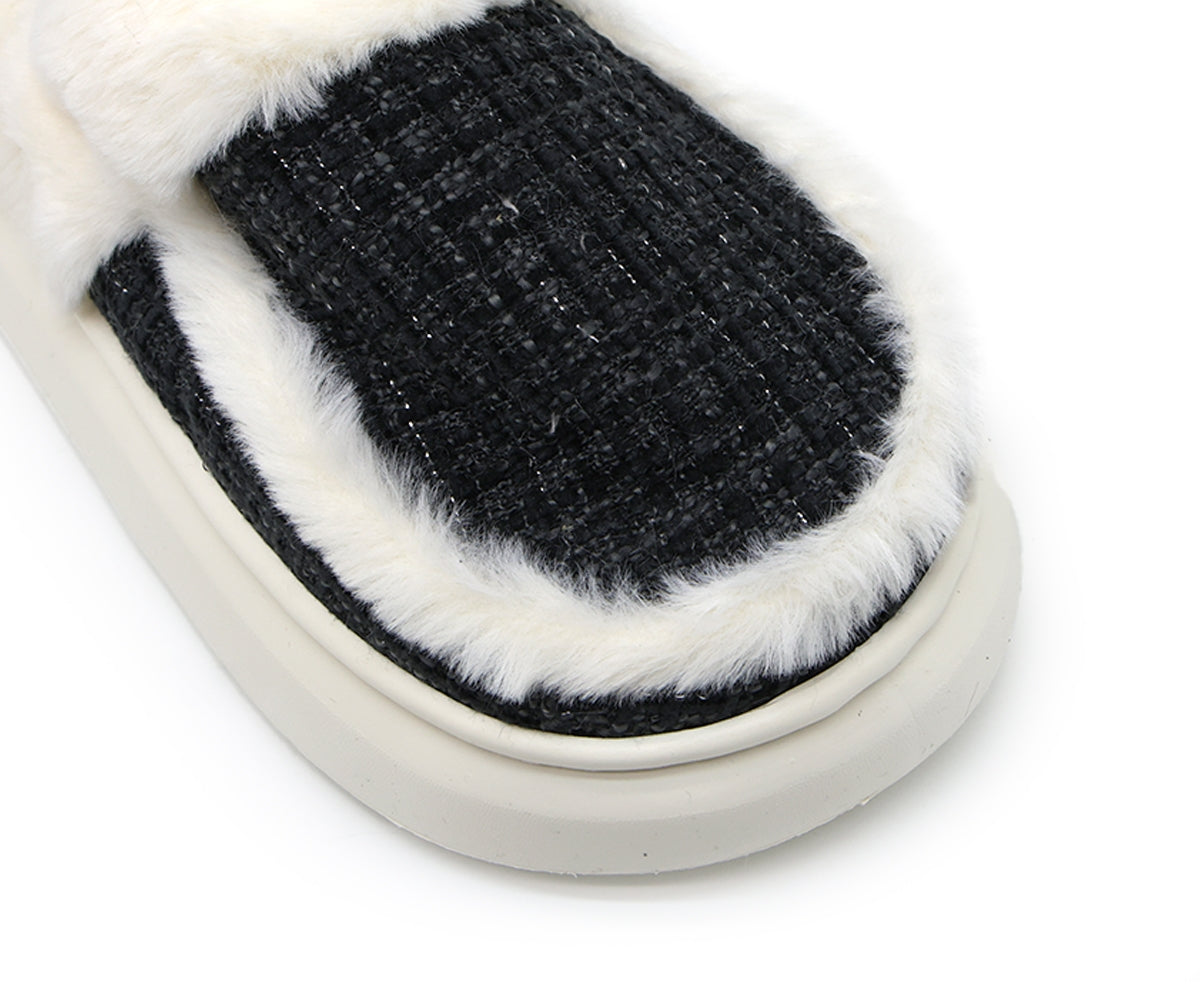 black plaid chunky house slippers