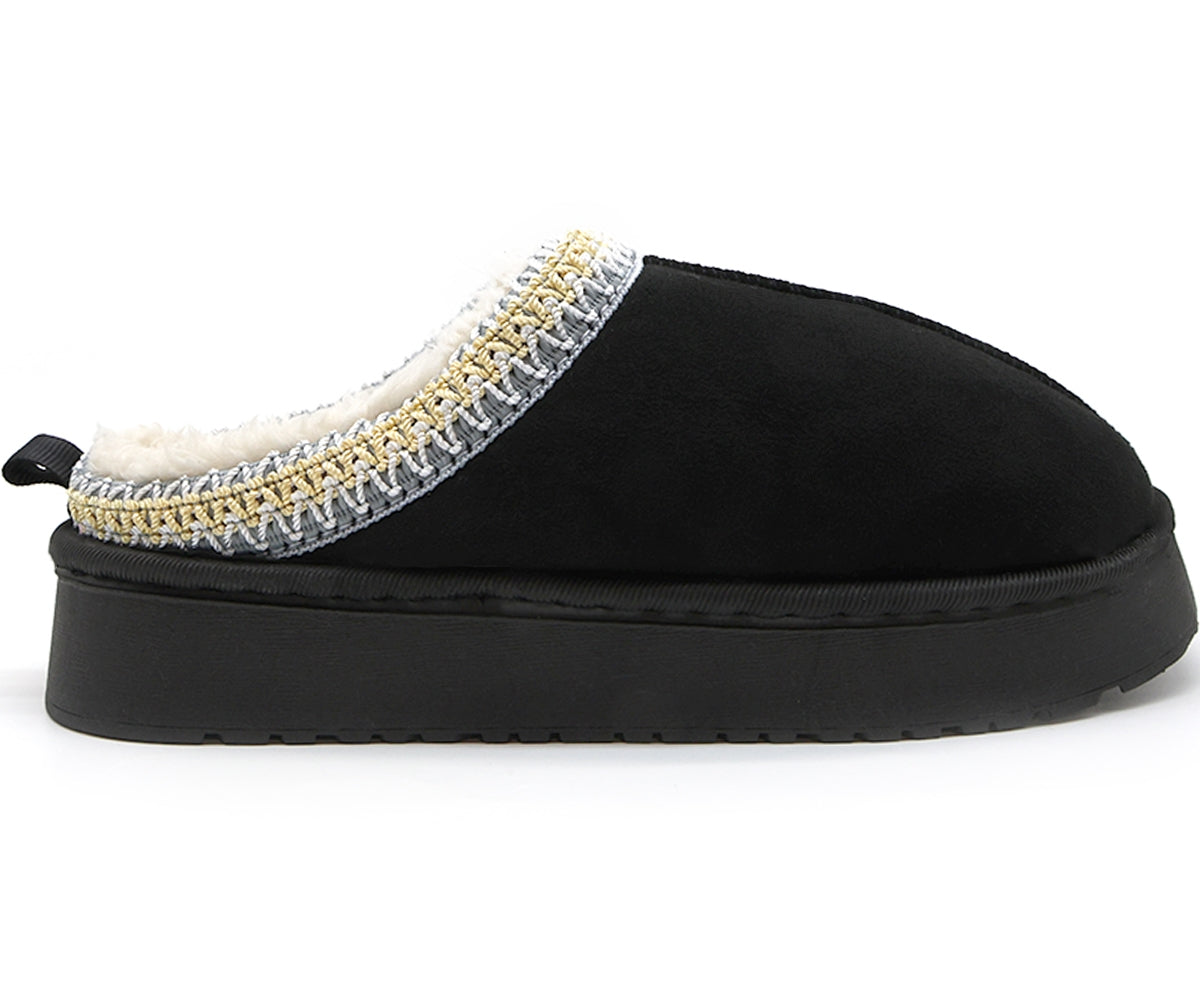 black flatform fur-lined slippers
