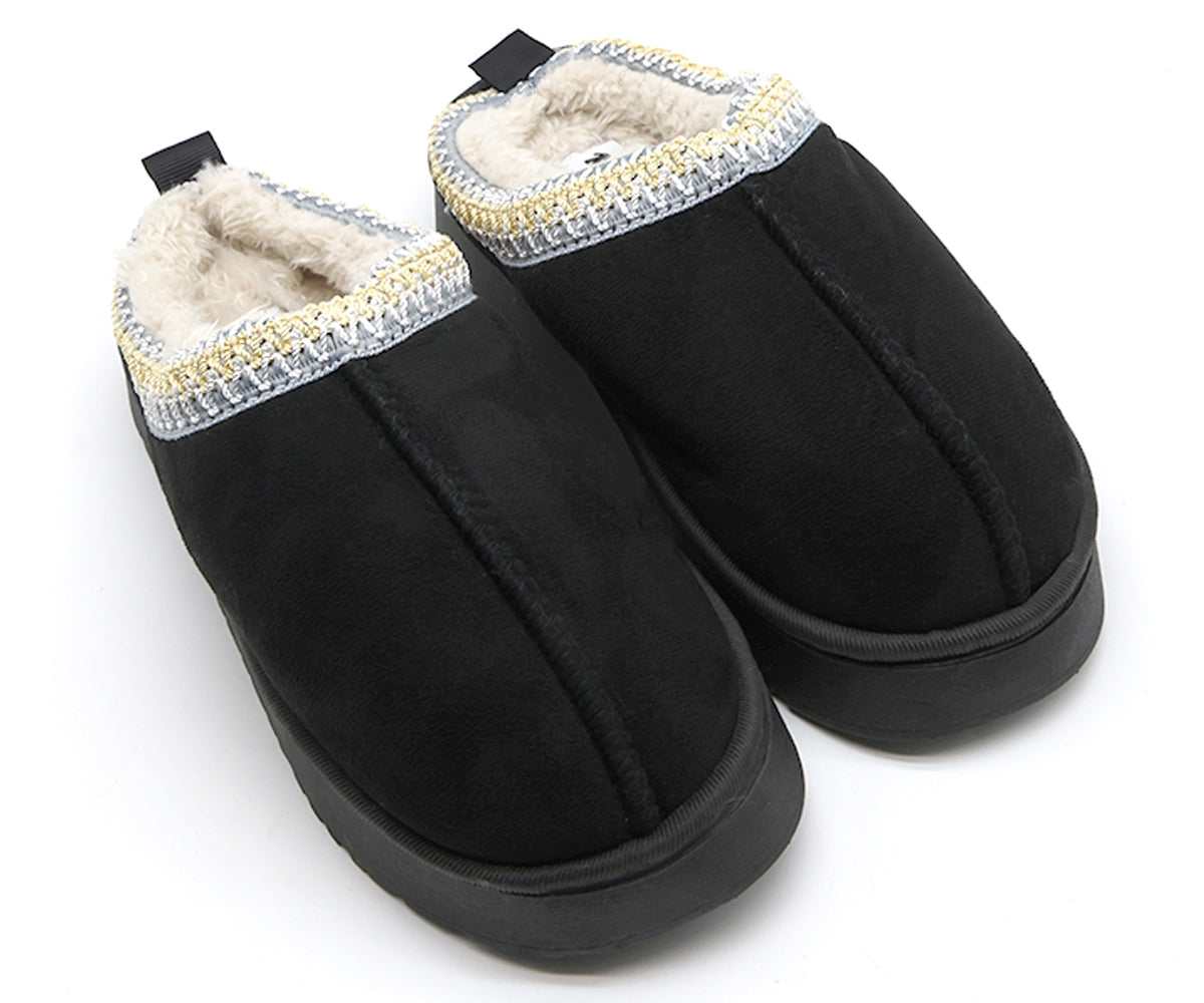 black flatform fur-lined slippers