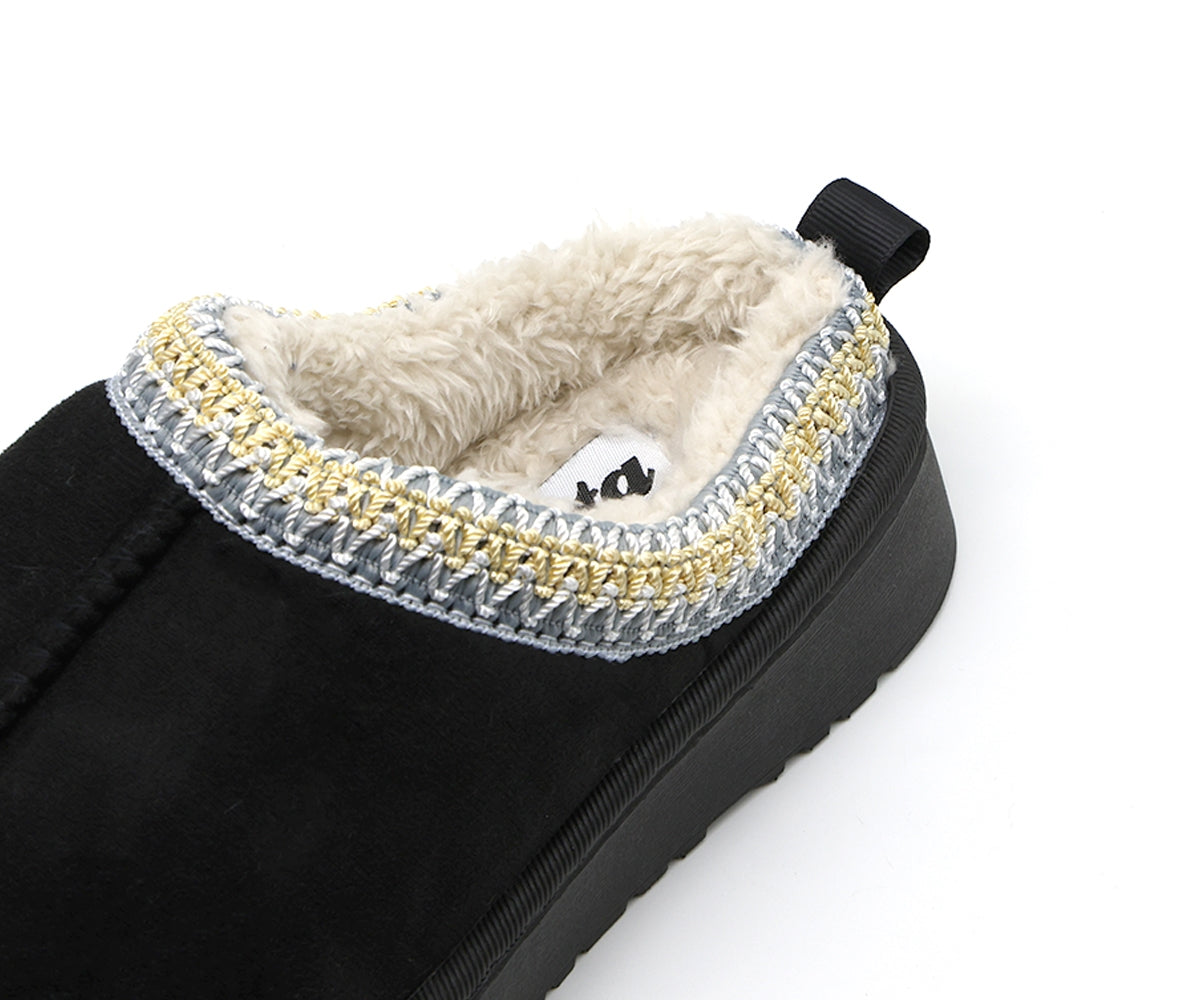 black flatform fur-lined slippers