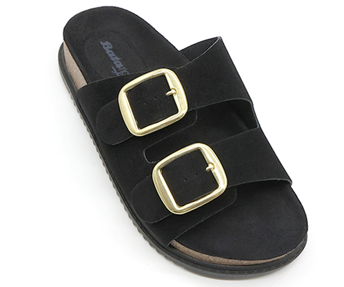 br black suede cork slides