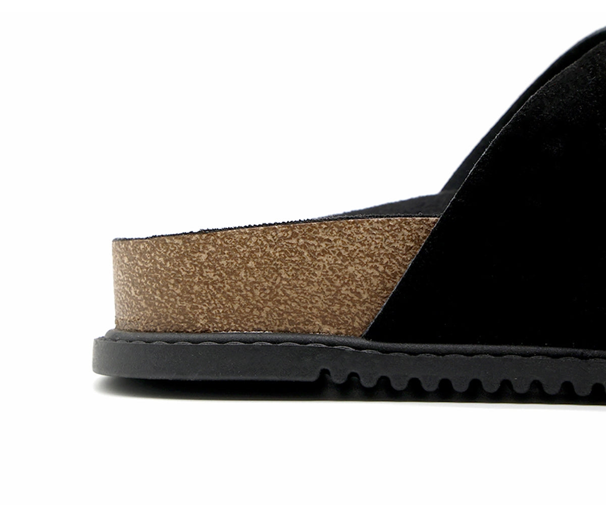 br black suede cork slides