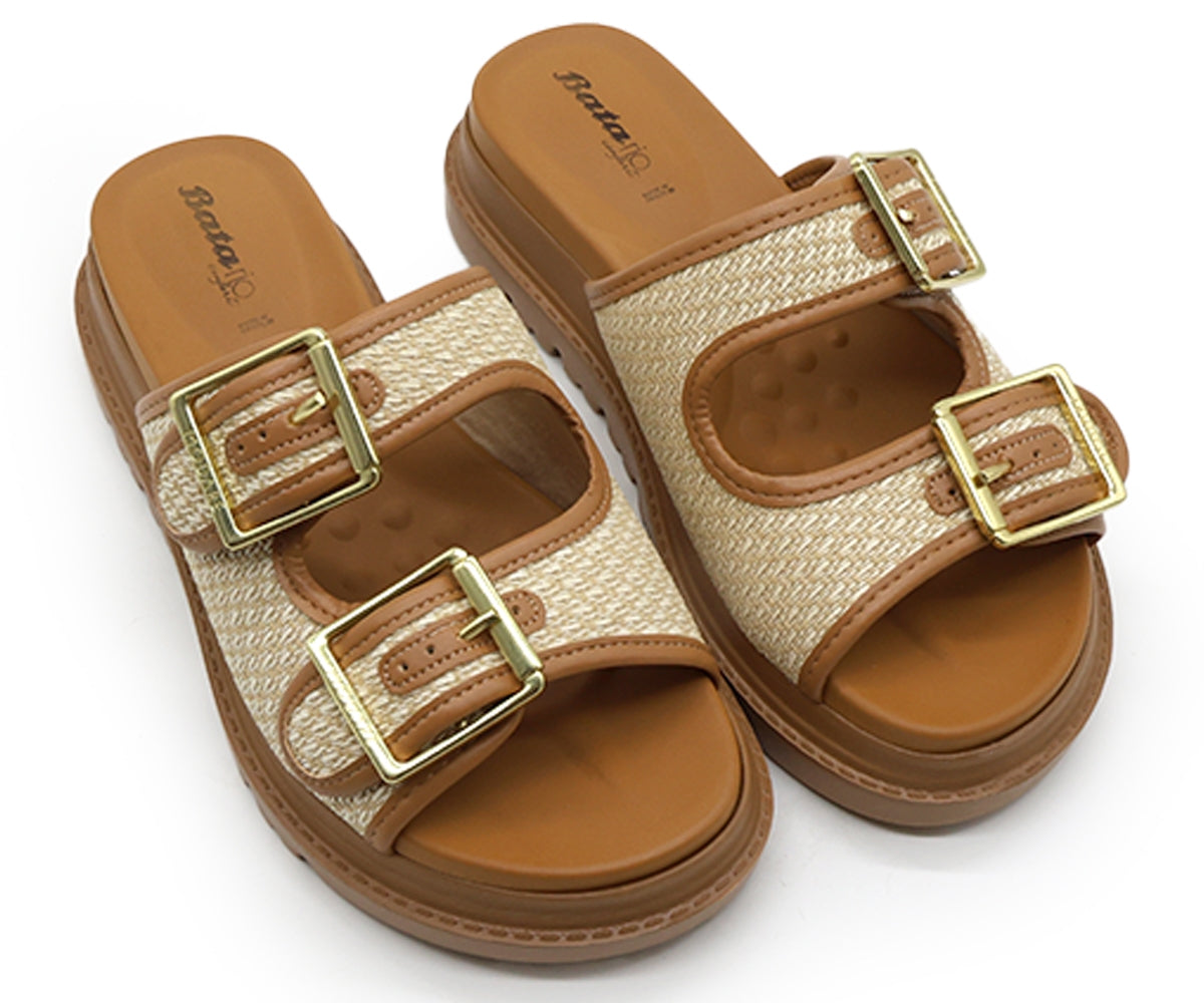 br camel & beige plaid slides