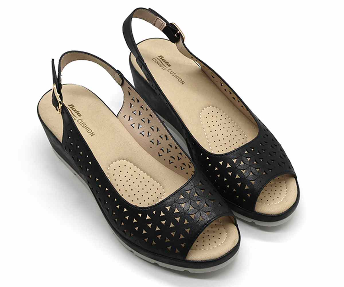 Comfit Black Floral-Cut Wedge Slingbacks