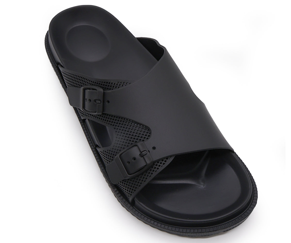 all black dbl buckle foam slides