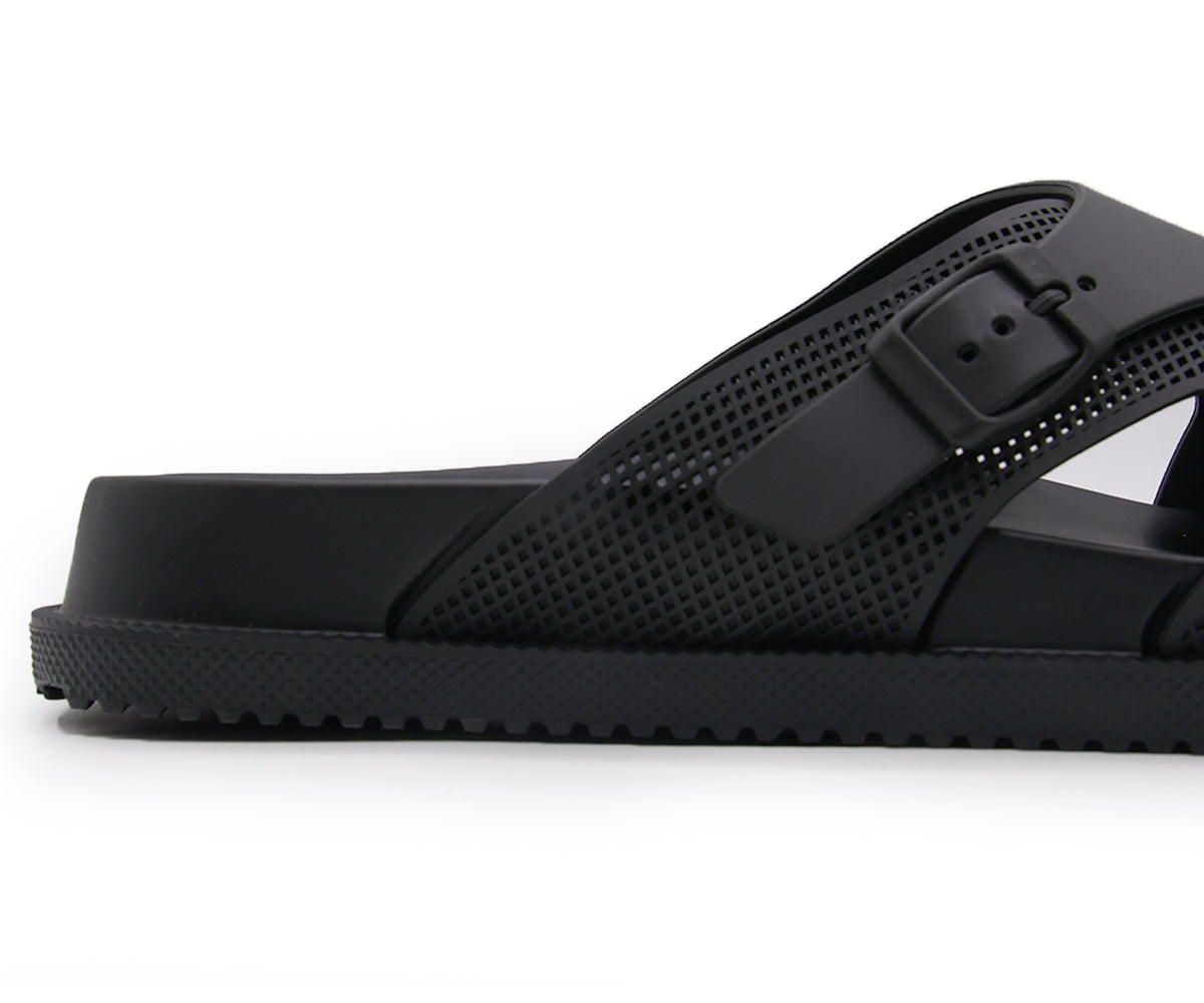 all black dbl buckle foam slides