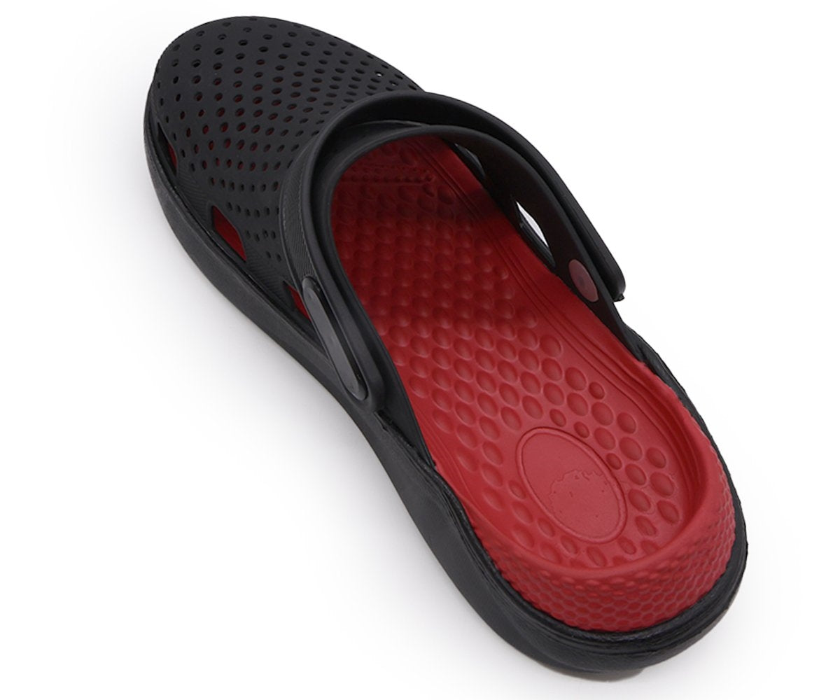 black & red foam clogs