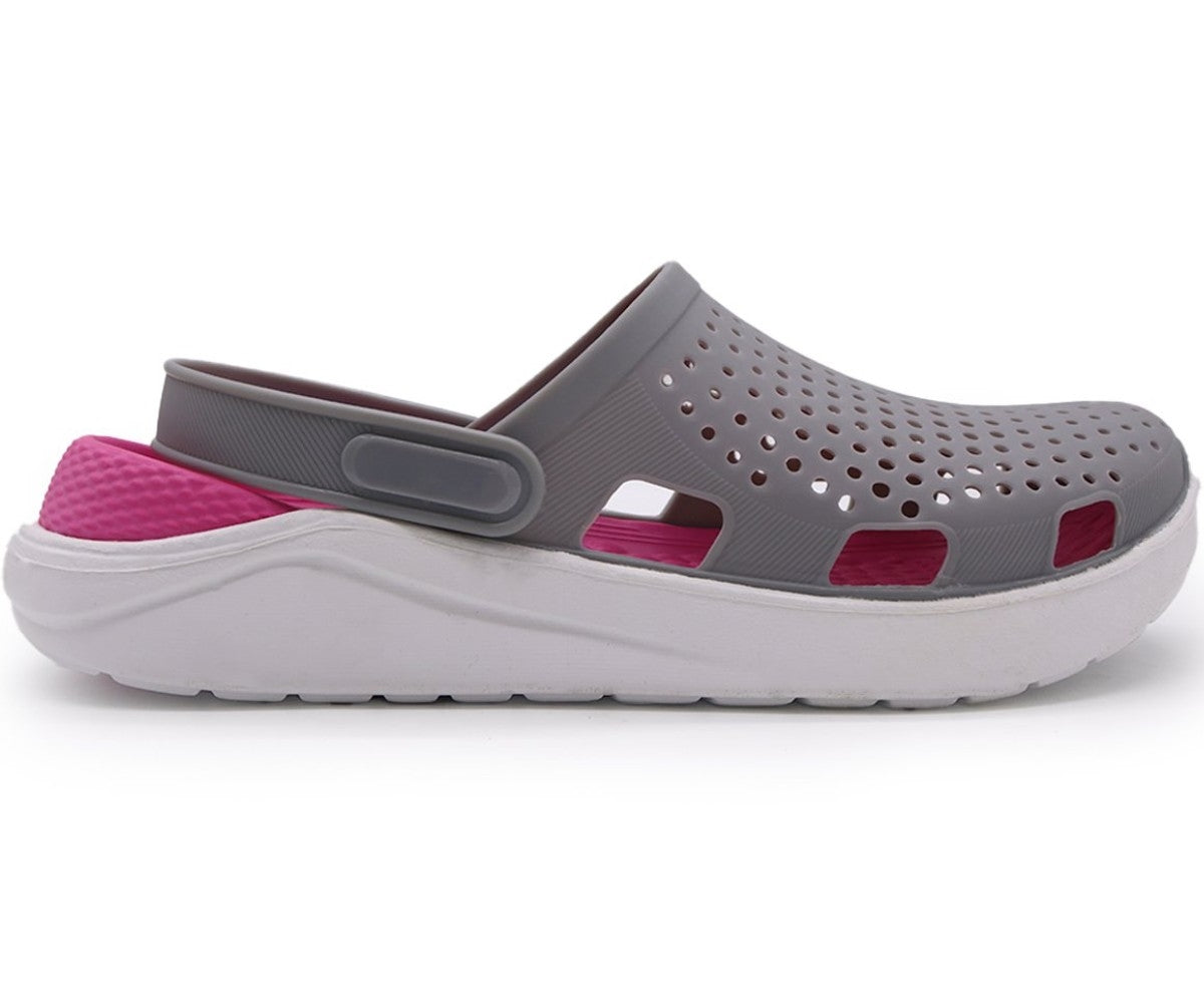 grey & pink foam clogs