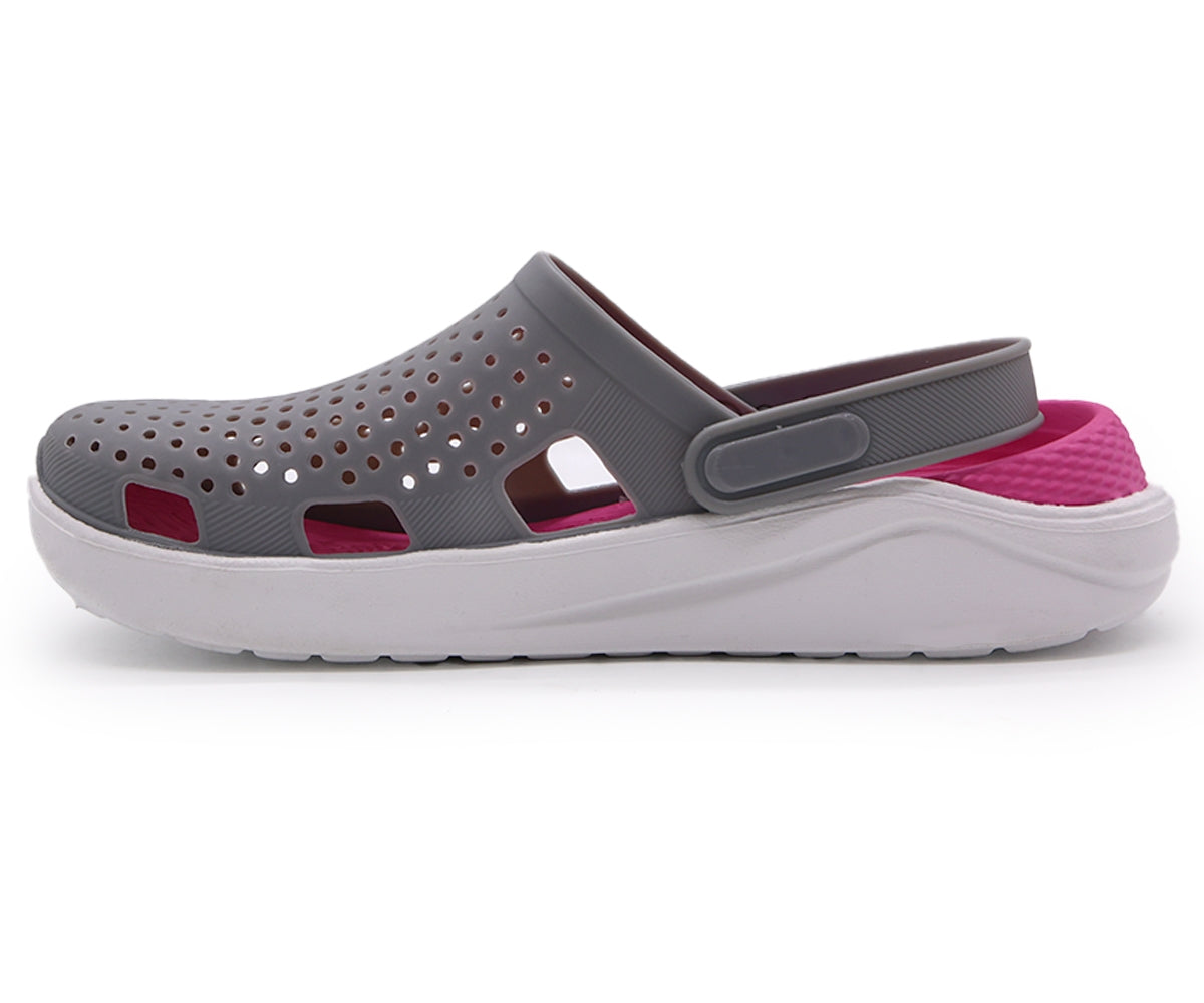 grey & pink foam clogs