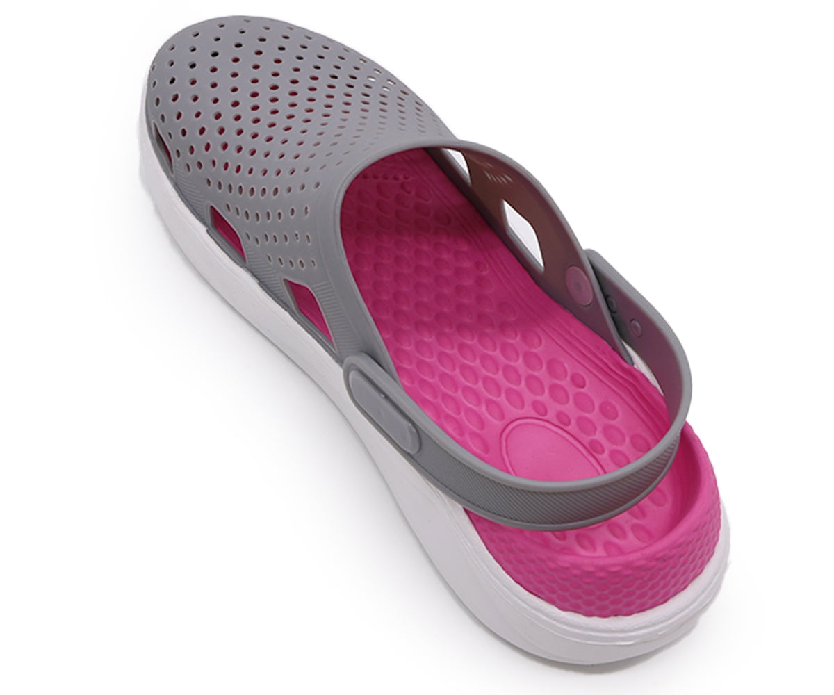 grey & pink foam clogs