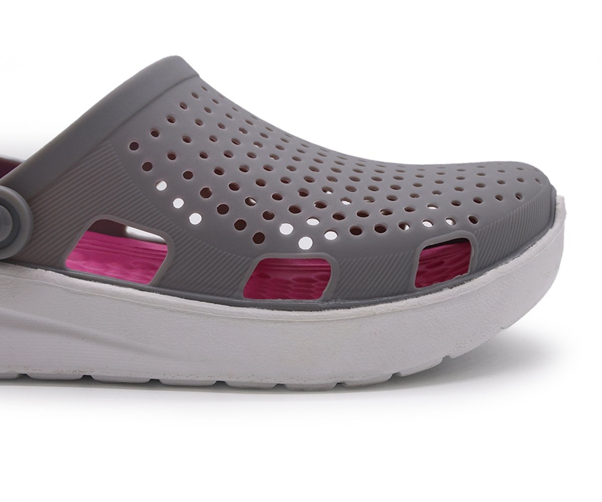 grey & pink foam clogs