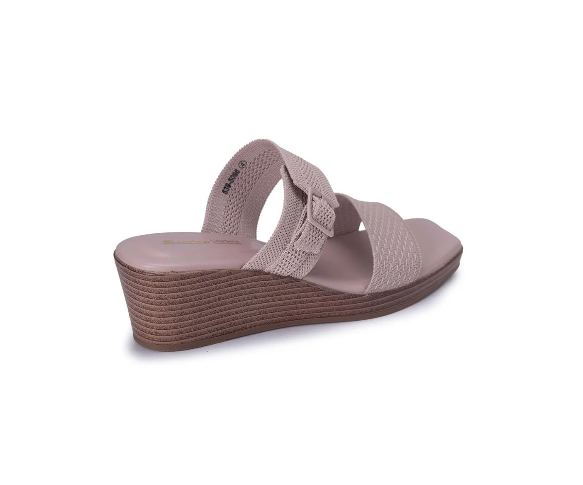 beige knit wedge slides