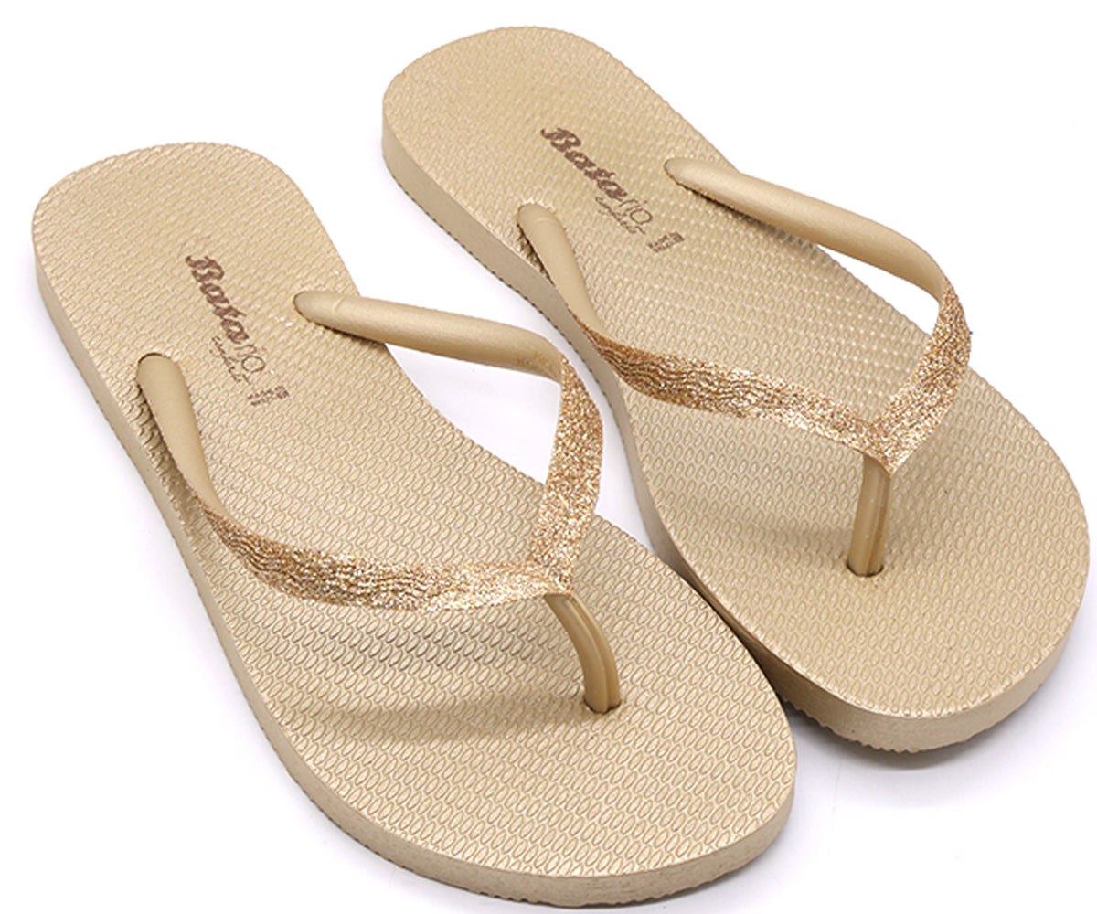 br glittery gold flip flops
