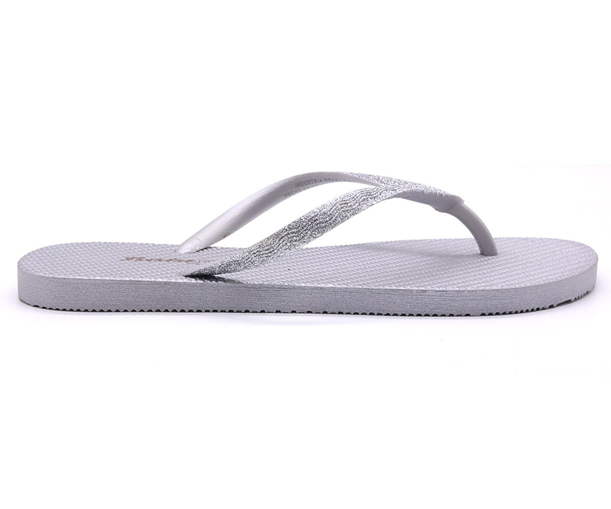 br glittery silver flip flops