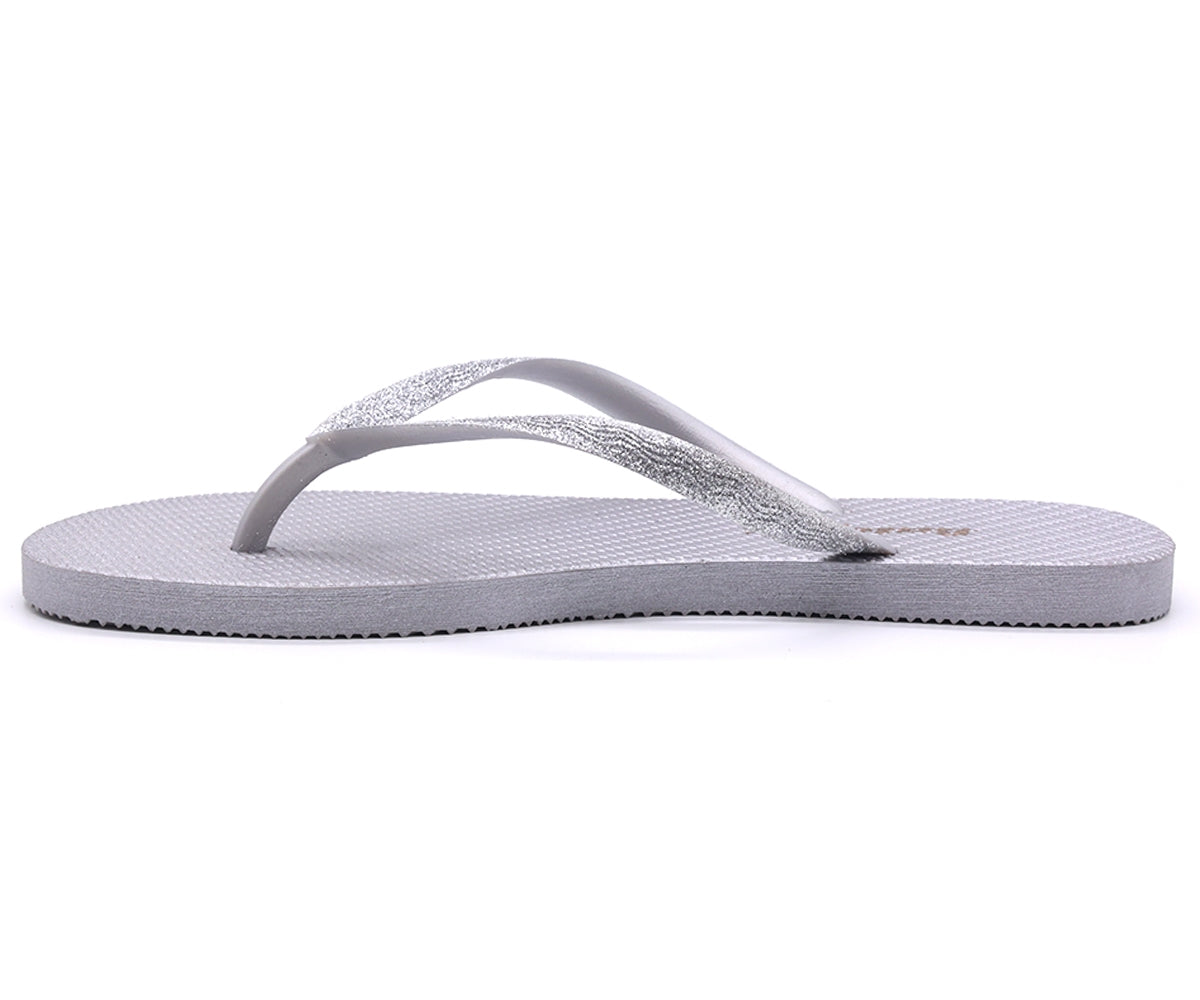 br glittery silver flip flops