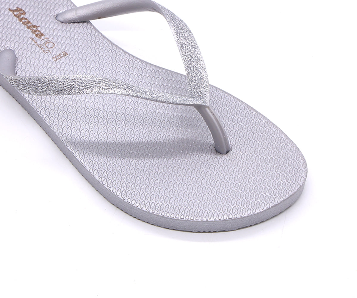 br glittery silver flip flops