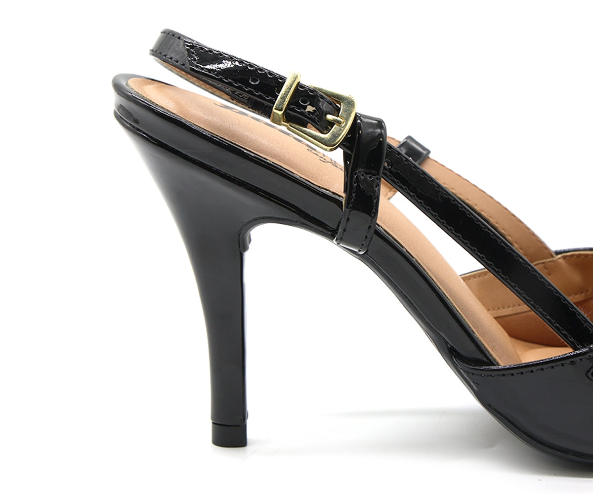 br glossy black buckled slingbacks