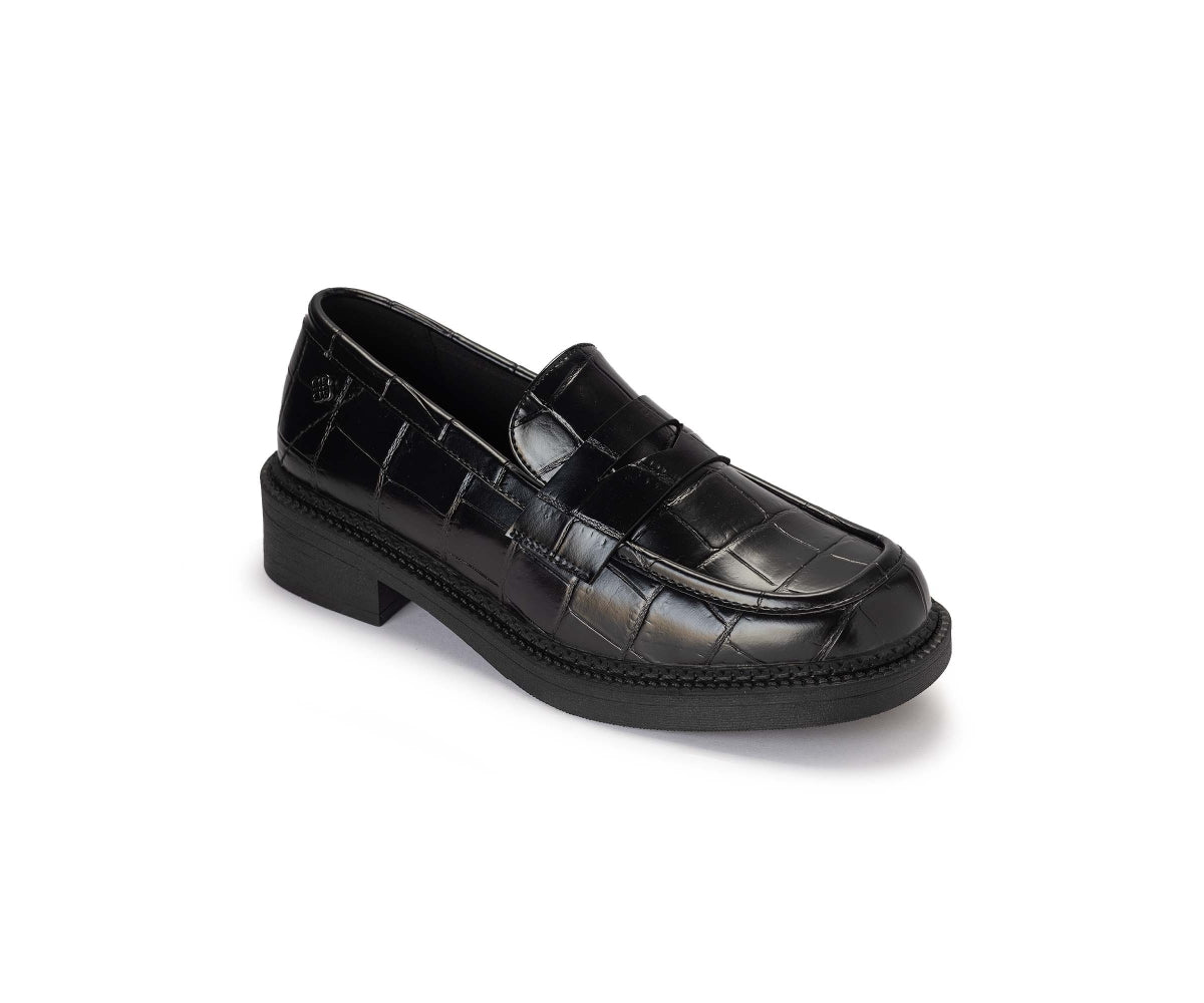 black croc penny loafer