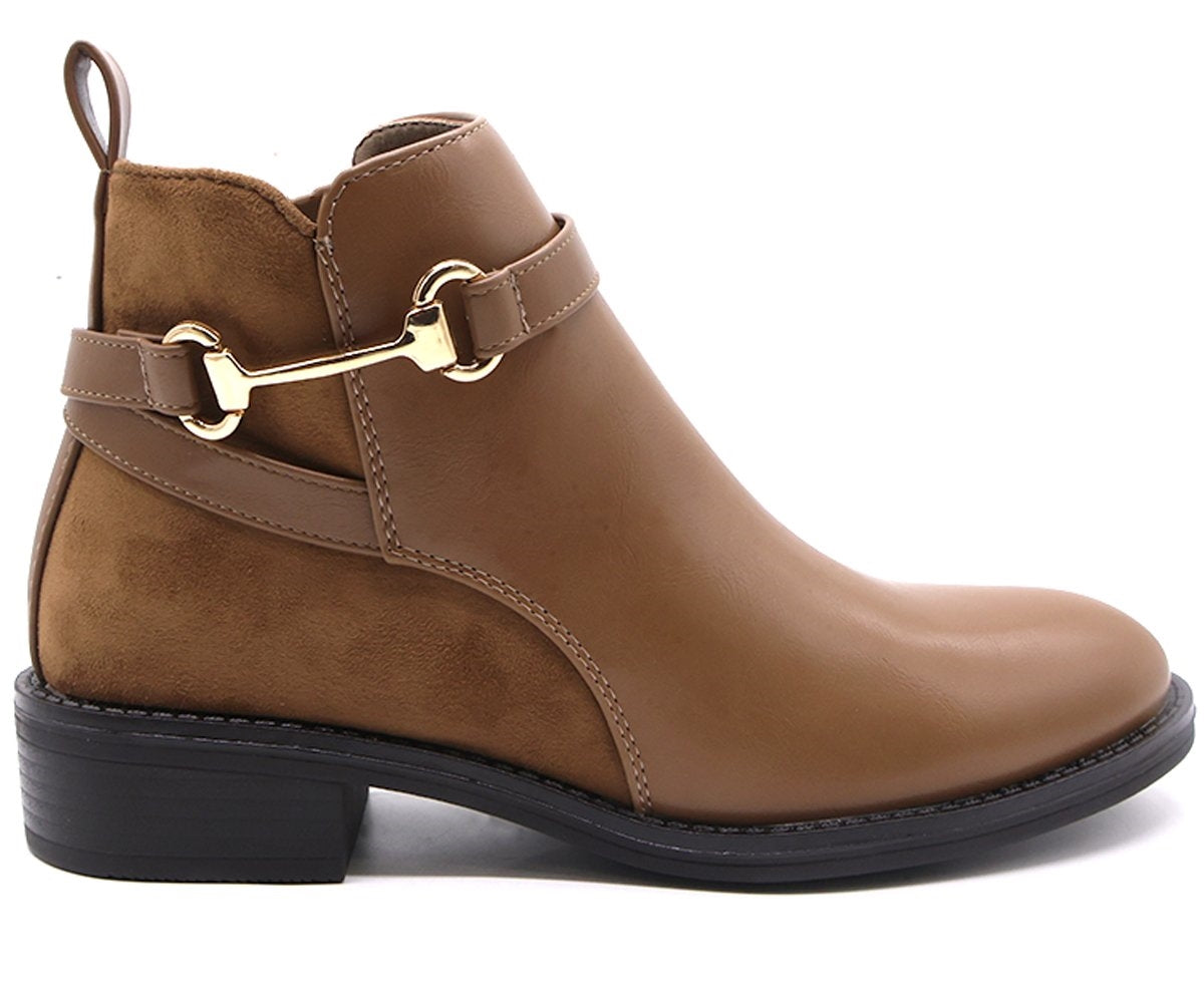 camel horsebit ankle boots