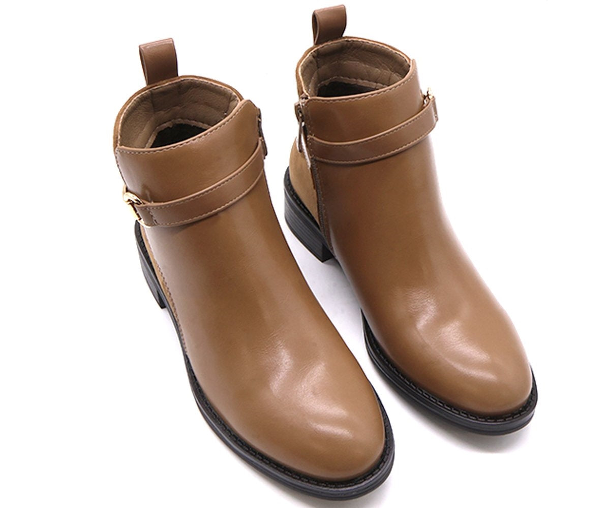 camel horsebit ankle boots