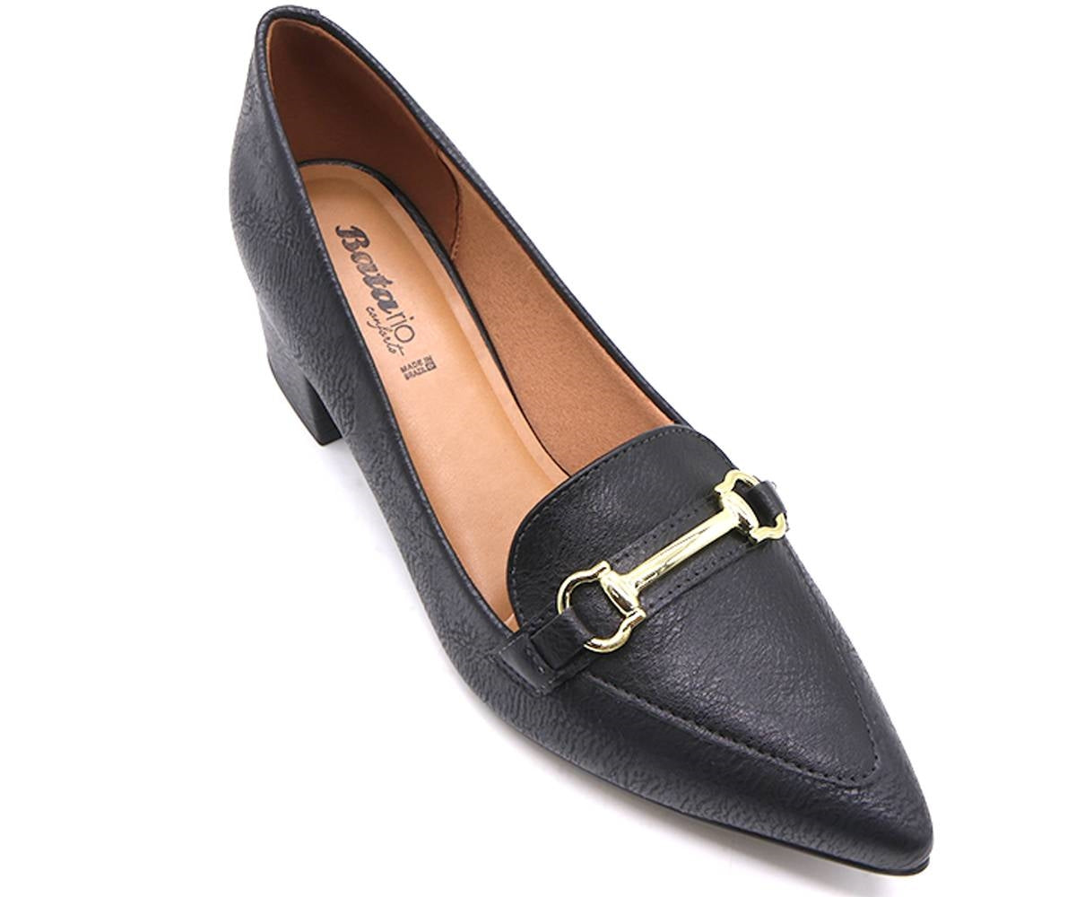 br black block-heel horsebit pumps