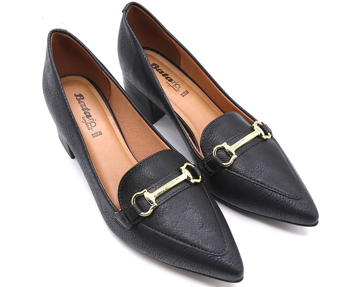 br black block-heel horsebit pumps