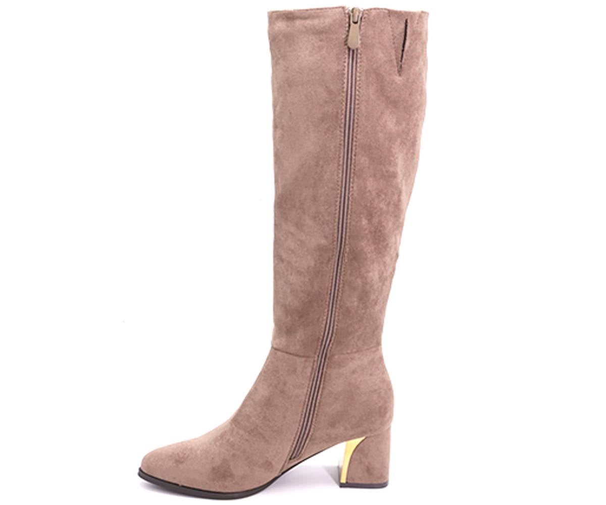 gold-trim beige mid-calf boots