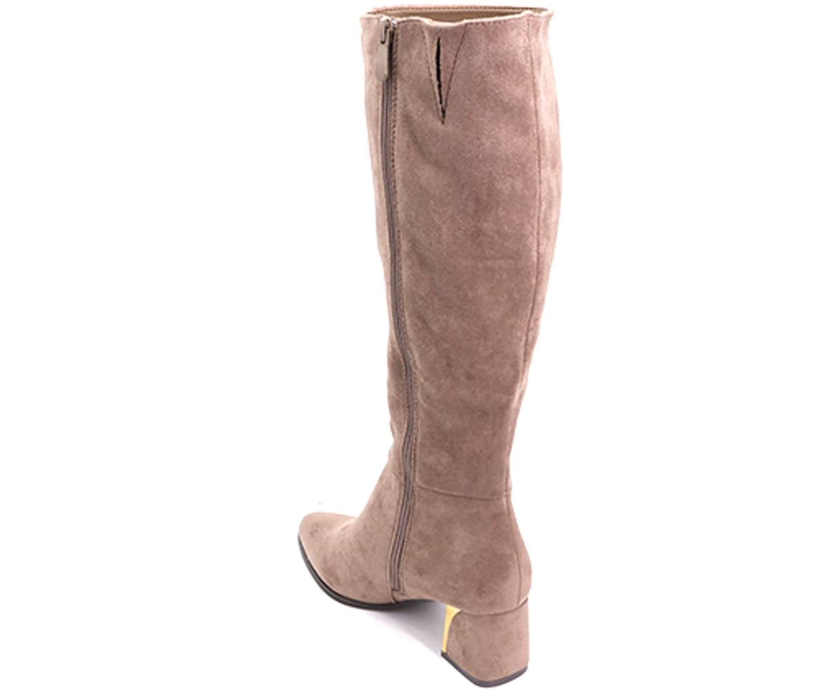 gold-trim beige mid-calf boots