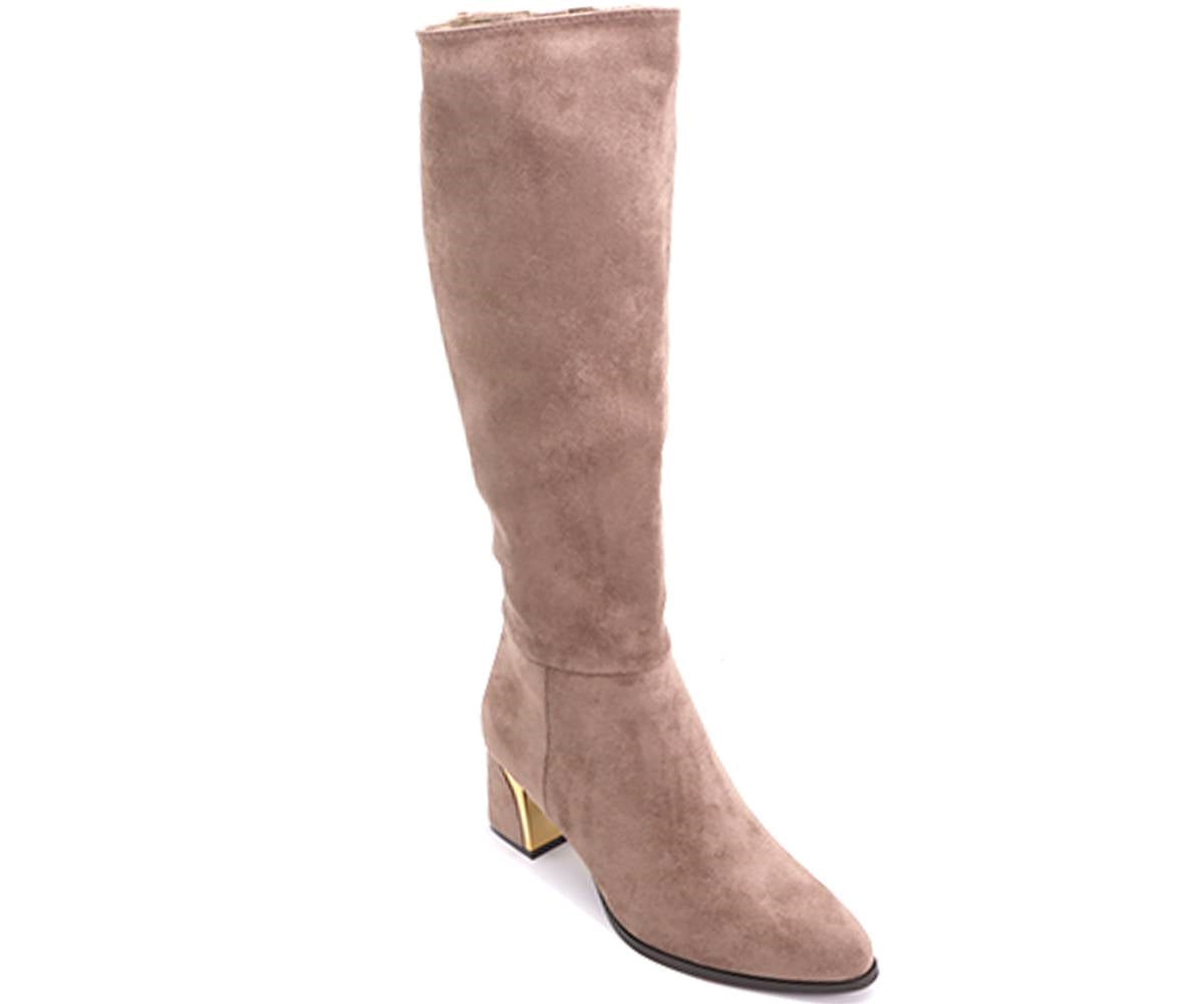 gold-trim beige mid-calf boots