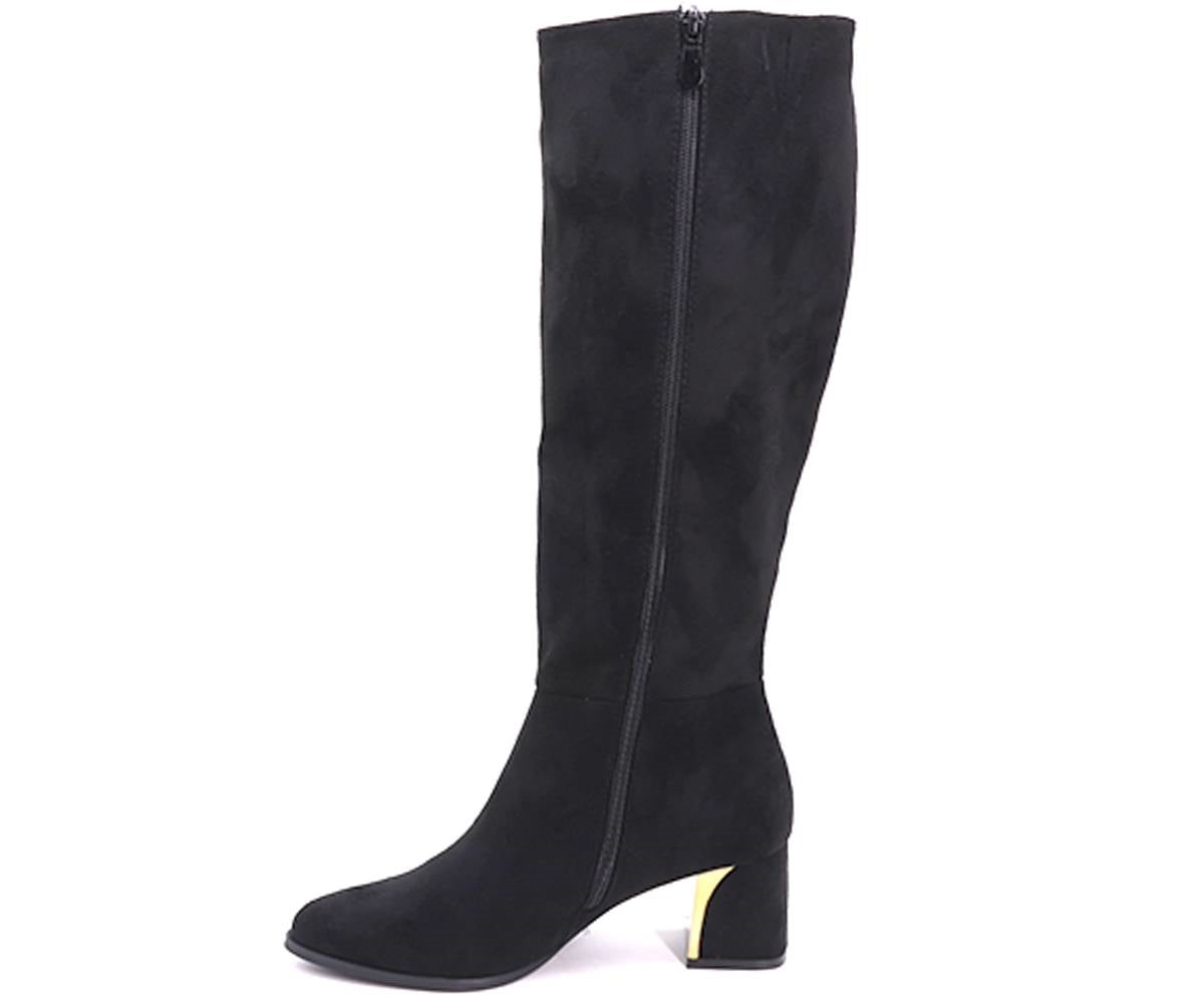 gold-trim black mid-calf boots