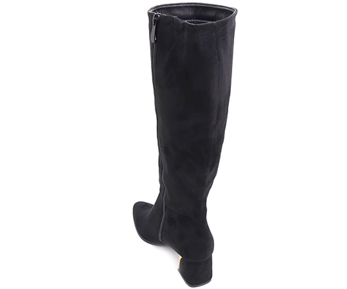 gold-trim black mid-calf boots