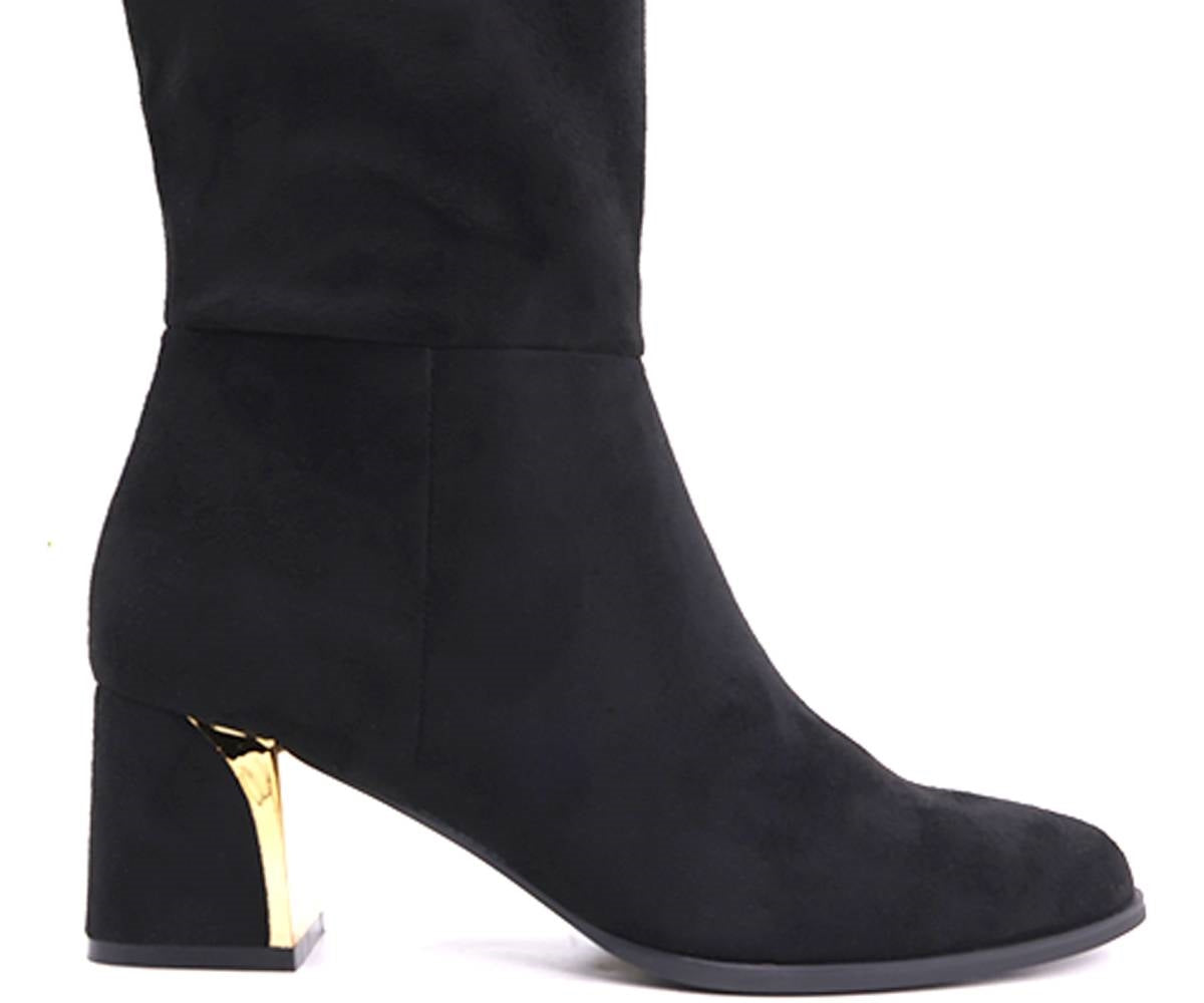 gold-trim black mid-calf boots
