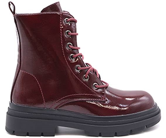 burgundy patent combat boot