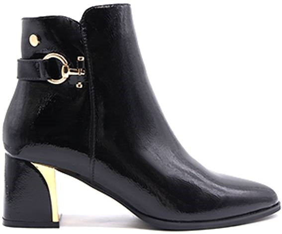 black patent gold-heel booties