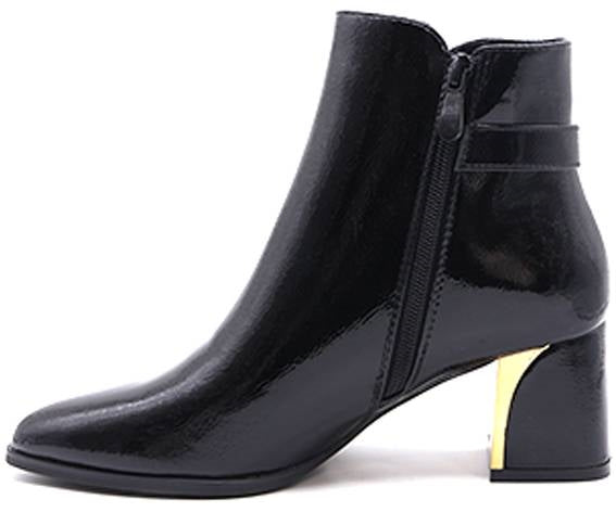 black patent gold-heel booties